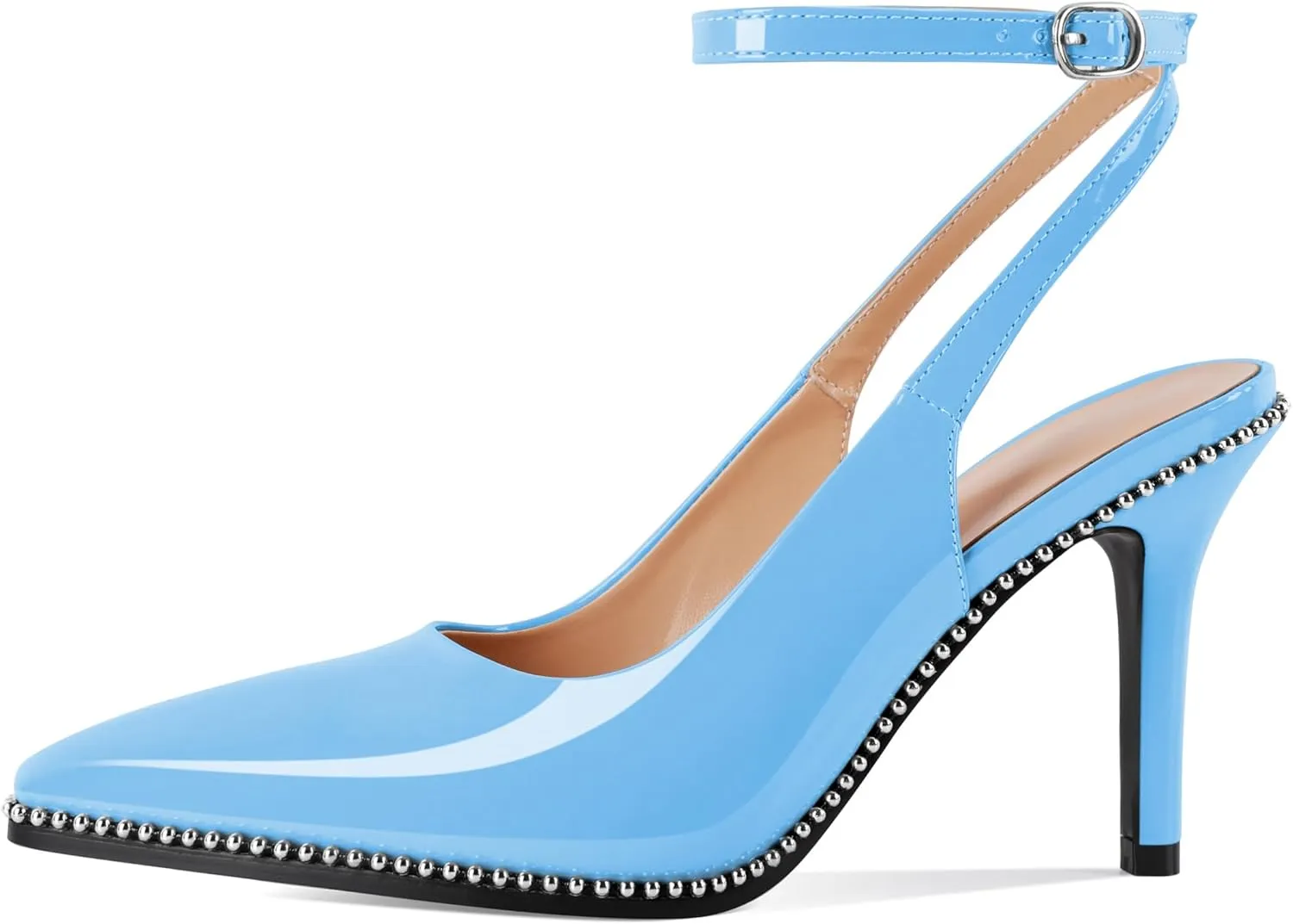 Soireelady Women's Slingback Heels Ankle Strap Pointed Toe Stilettos High Heel Beaded Pumps Dress Shoes 3.5 Inches