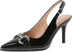 Soireelady Womens Slingback Heels Beaded Pumps High Heels Closed Pointed Toe Slip On Stilettos Pumps Dress Shoes Patent Leather 3.5 Inches