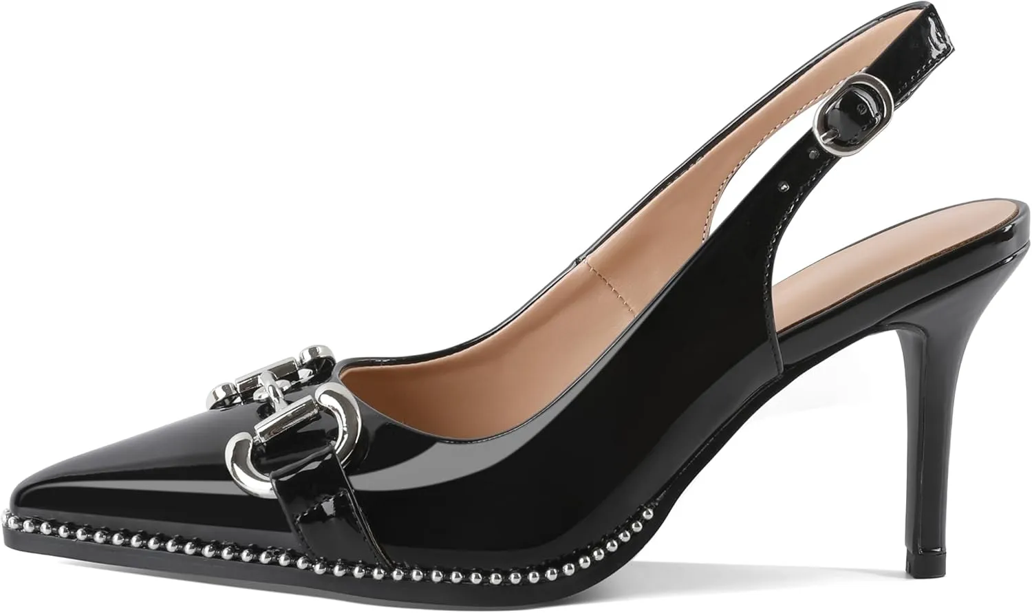 Soireelady Womens Slingback Heels Beaded Pumps High Heels Closed Pointed Toe Slip On Stilettos Pumps Dress Shoes Patent Leather 3.5 Inches