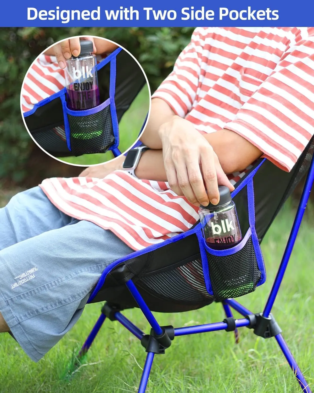 Sportneer Camping Chairs, Lightweight Outdoor Chairs with 2 Side Pockets & Storage Bag, Foldable & Portable Lawn Chairs for Camping Hiking Lawn Picnic Beach Outdoor Travel (2, Blue)