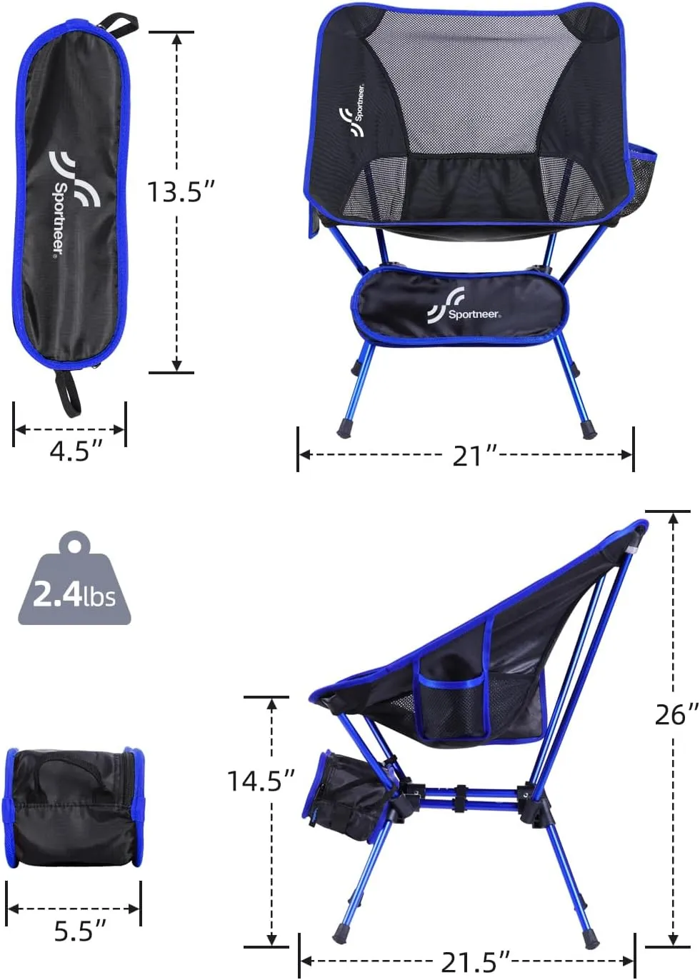 Sportneer Camping Chairs, Lightweight Outdoor Chairs with 2 Side Pockets & Storage Bag, Foldable & Portable Lawn Chairs for Camping Hiking Lawn Picnic Beach Outdoor Travel (2, Blue)