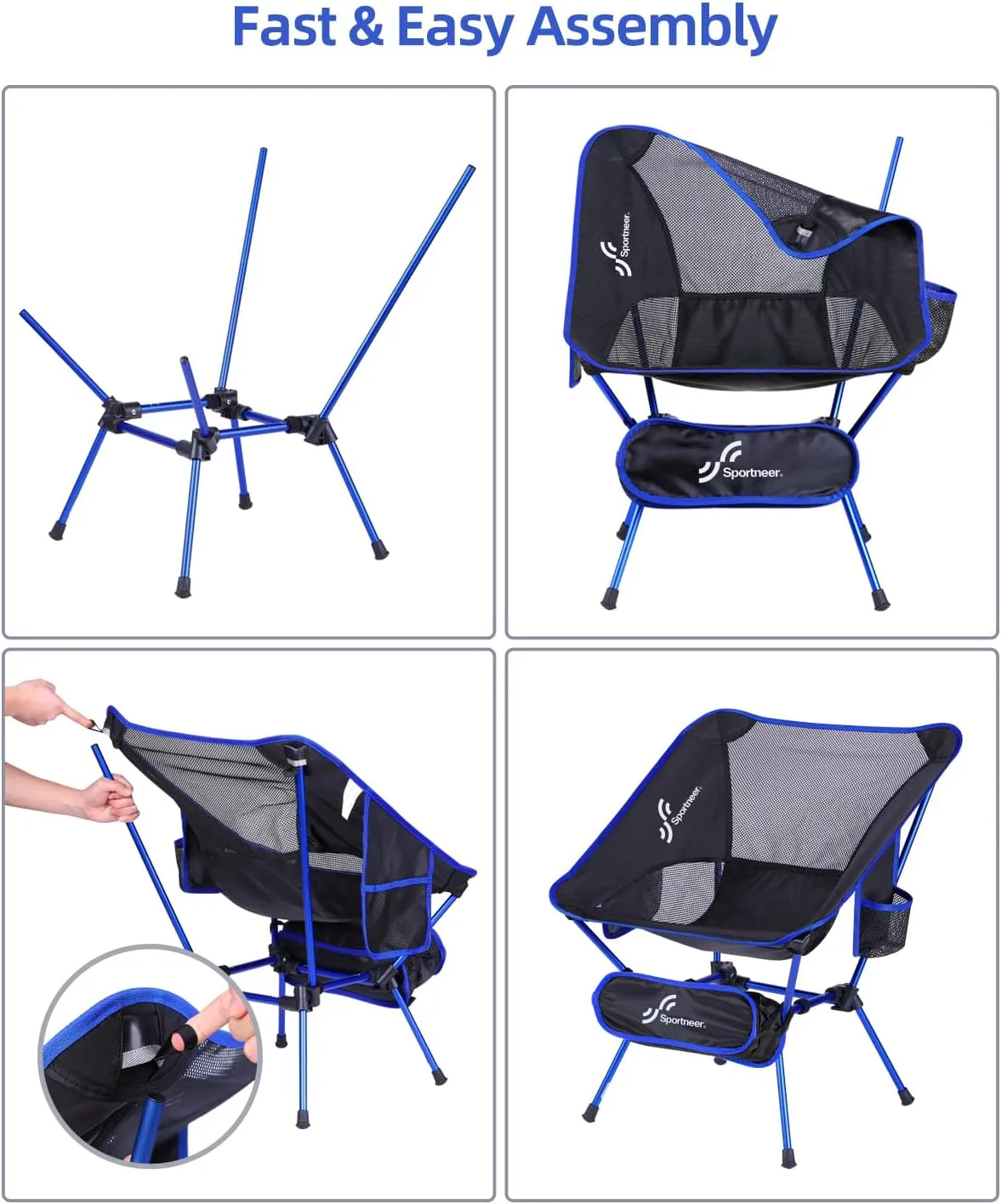 Sportneer Camping Chairs, Lightweight Outdoor Chairs with 2 Side Pockets & Storage Bag, Foldable & Portable Lawn Chairs for Camping Hiking Lawn Picnic Beach Outdoor Travel (2, Blue)