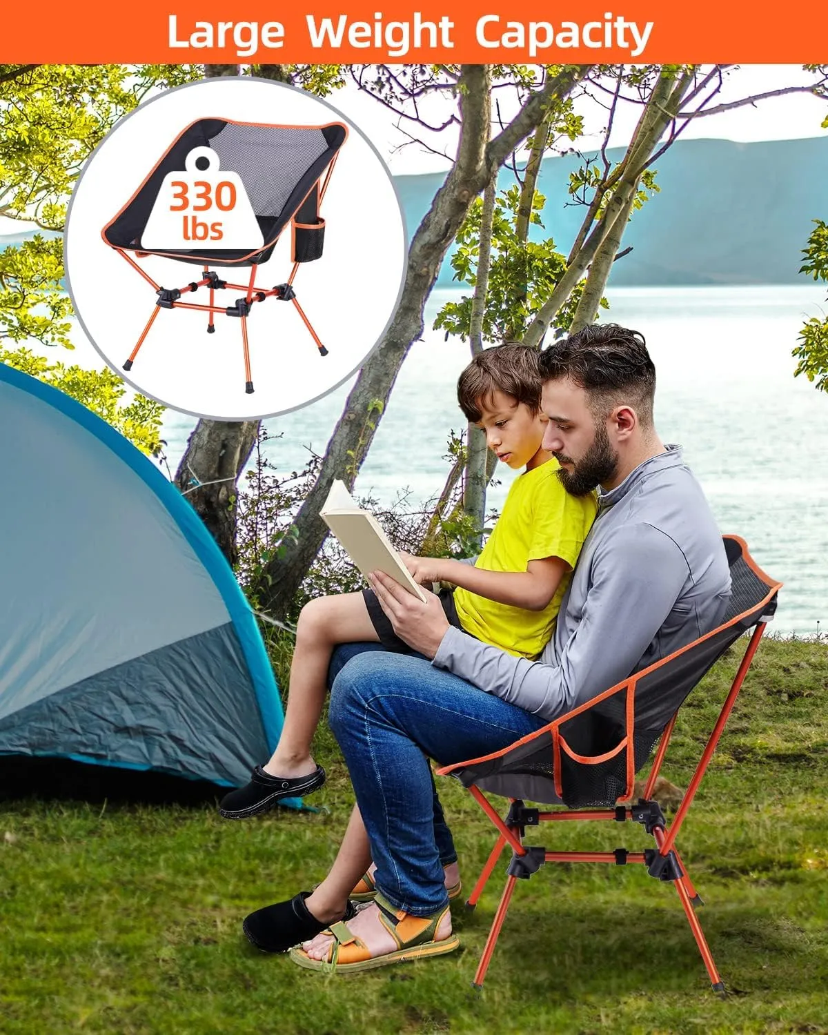 Sportneer Camping Chairs, Lightweight Outdoor Chairs with 2 Side Pockets & Storage Bag, Foldable & Portable Lawn Chairs for Camping Hiking Lawn Picnic Beach Outdoor Travel (2, Orange)