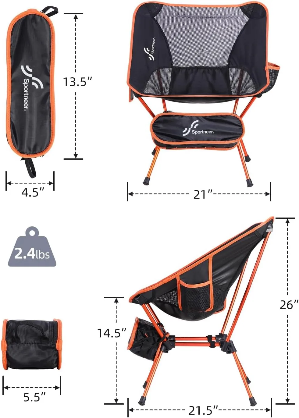 Sportneer Camping Chairs, Lightweight Outdoor Chairs with 2 Side Pockets & Storage Bag, Foldable & Portable Lawn Chairs for Camping Hiking Lawn Picnic Beach Outdoor Travel (2, Orange)