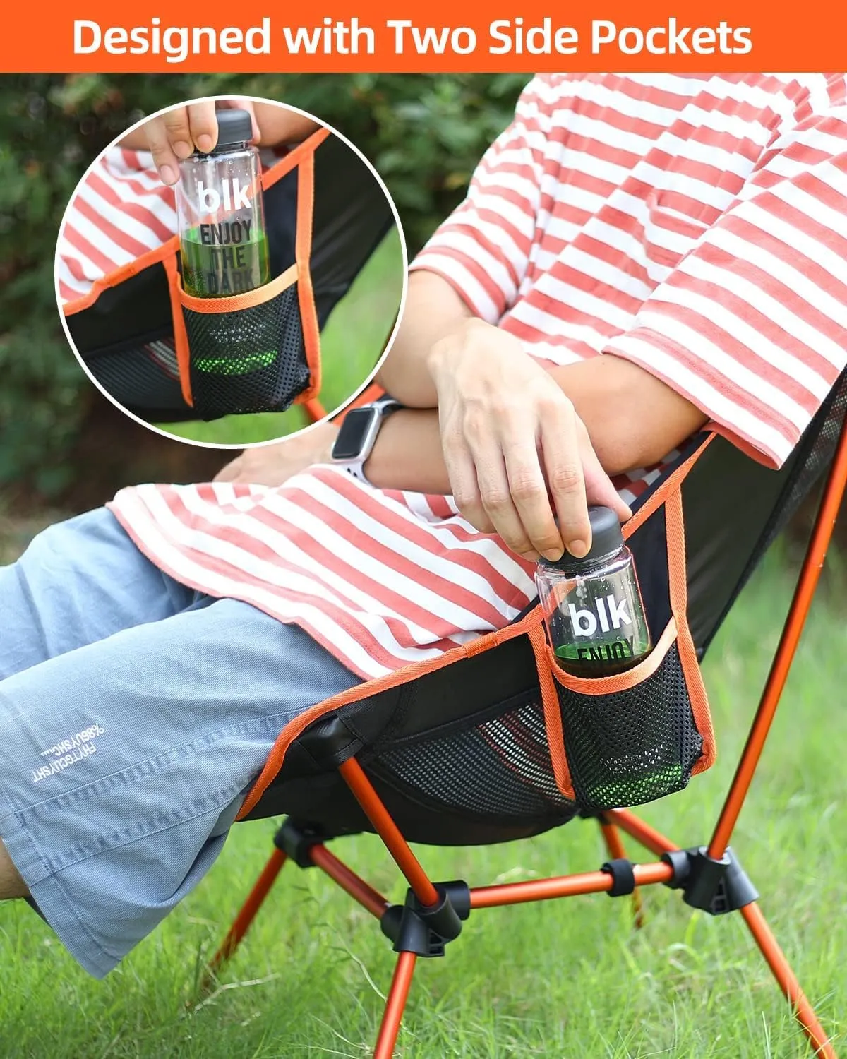Sportneer Camping Chairs, Lightweight Outdoor Chairs with 2 Side Pockets & Storage Bag, Foldable & Portable Lawn Chairs for Camping Hiking Lawn Picnic Beach Outdoor Travel (2, Orange)