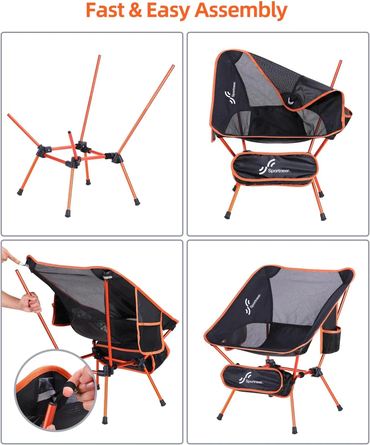 Sportneer Camping Chairs, Lightweight Outdoor Chairs with 2 Side Pockets & Storage Bag, Foldable & Portable Lawn Chairs for Camping Hiking Lawn Picnic Beach Outdoor Travel (2, Orange)