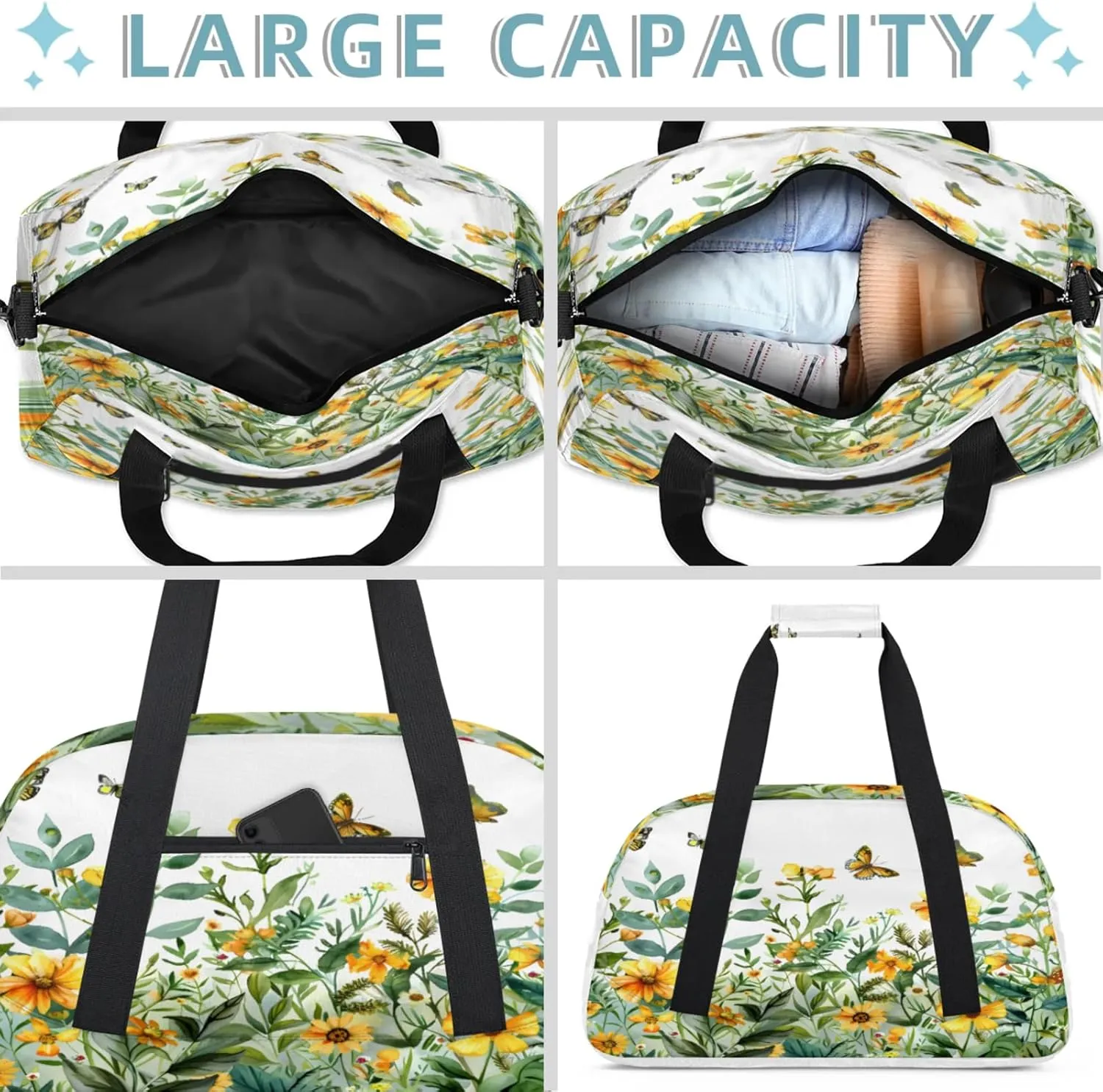 Spring Summer Wild Flowers Small Gym Bag 18 inch Carry On Duffel Bag for Weekender Travel Sports Workout Yoga Gymnastics Dance Ballet