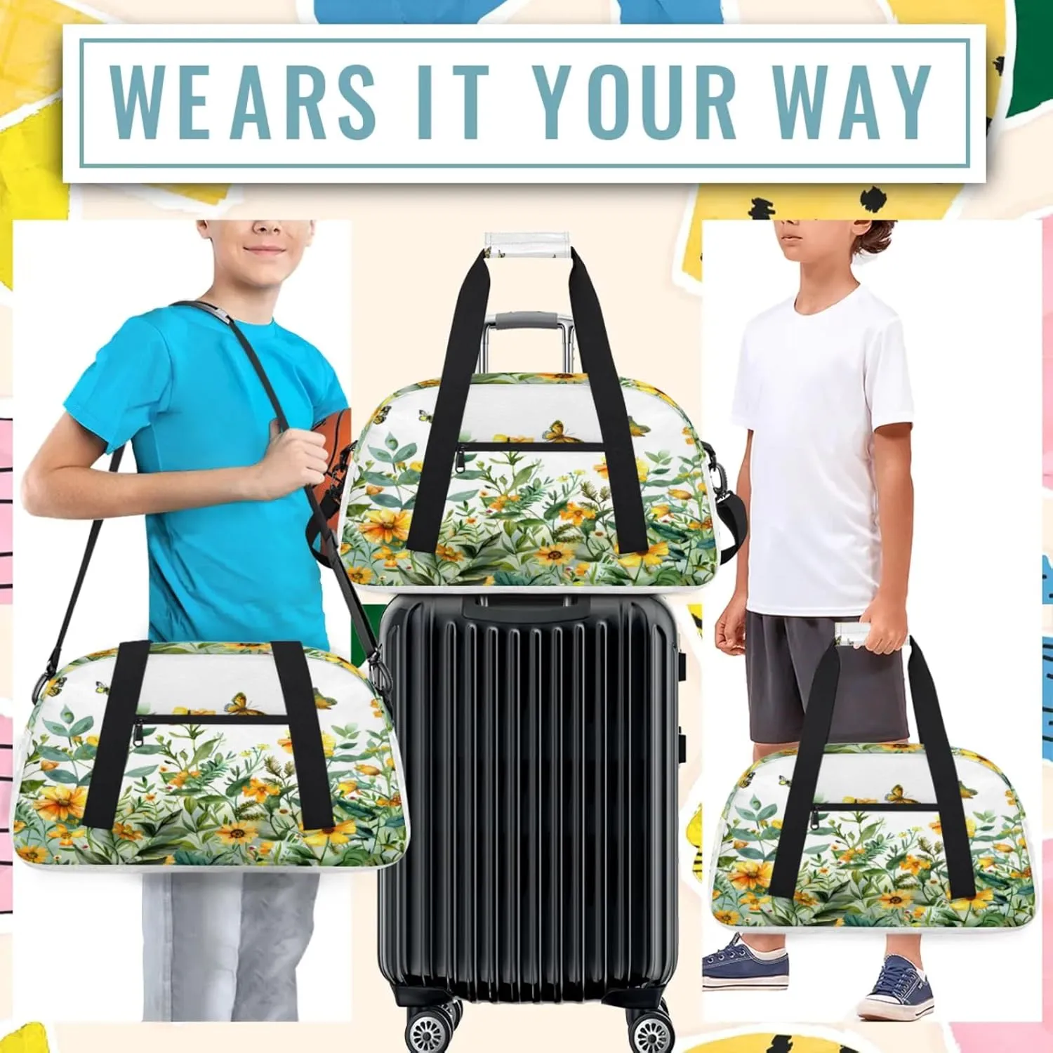 Spring Summer Wild Flowers Small Gym Bag 18 inch Carry On Duffel Bag for Weekender Travel Sports Workout Yoga Gymnastics Dance Ballet