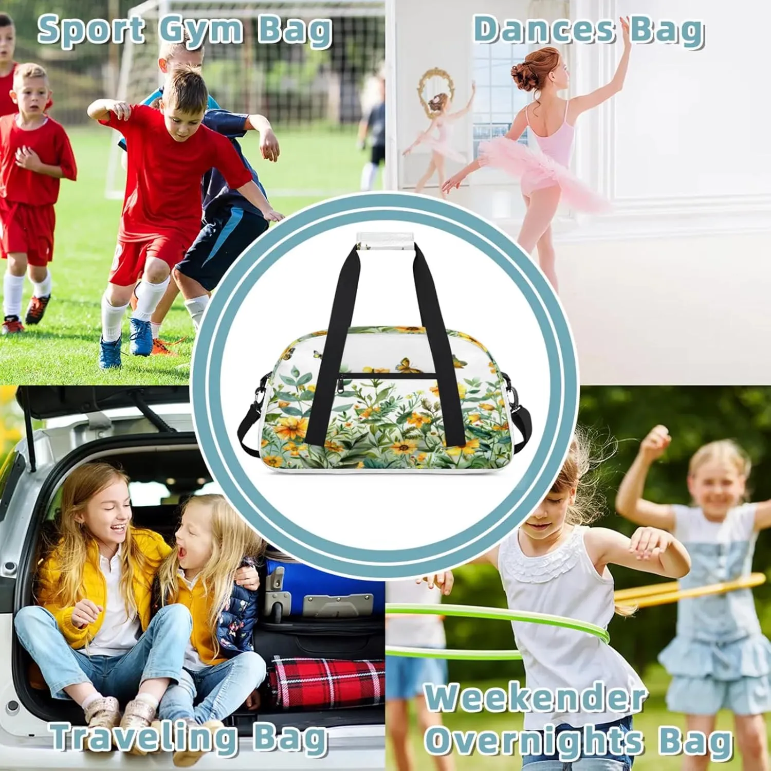Spring Summer Wild Flowers Small Gym Bag 18 inch Carry On Duffel Bag for Weekender Travel Sports Workout Yoga Gymnastics Dance Ballet