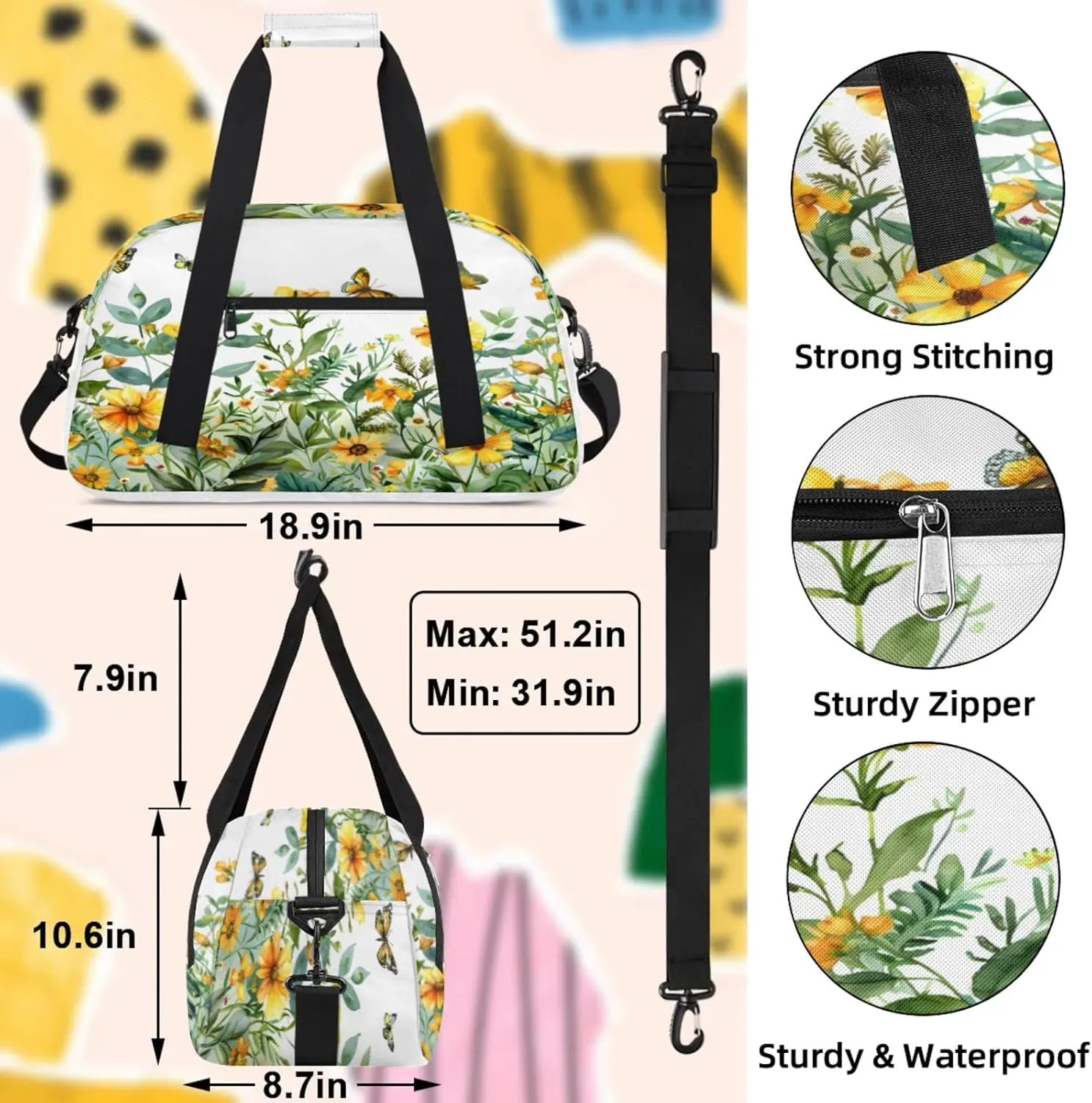 Spring Summer Wild Flowers Small Gym Bag 18 inch Carry On Duffel Bag for Weekender Travel Sports Workout Yoga Gymnastics Dance Ballet
