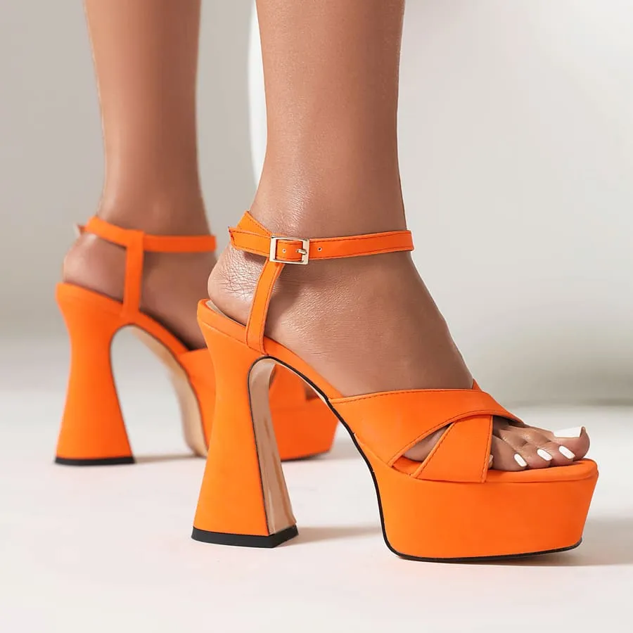 Square Toe Flared Heel Ankle Strap Sandals with Platform