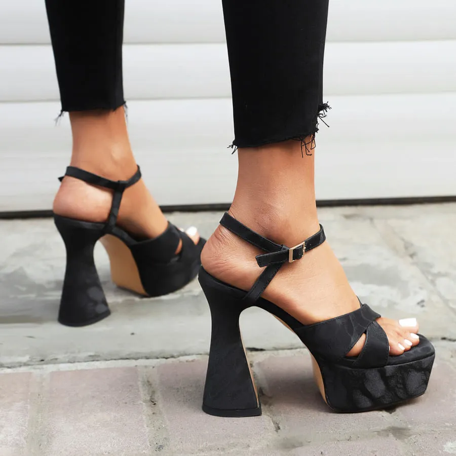 Square Toe Flared Heel Ankle Strap Sandals with Platform