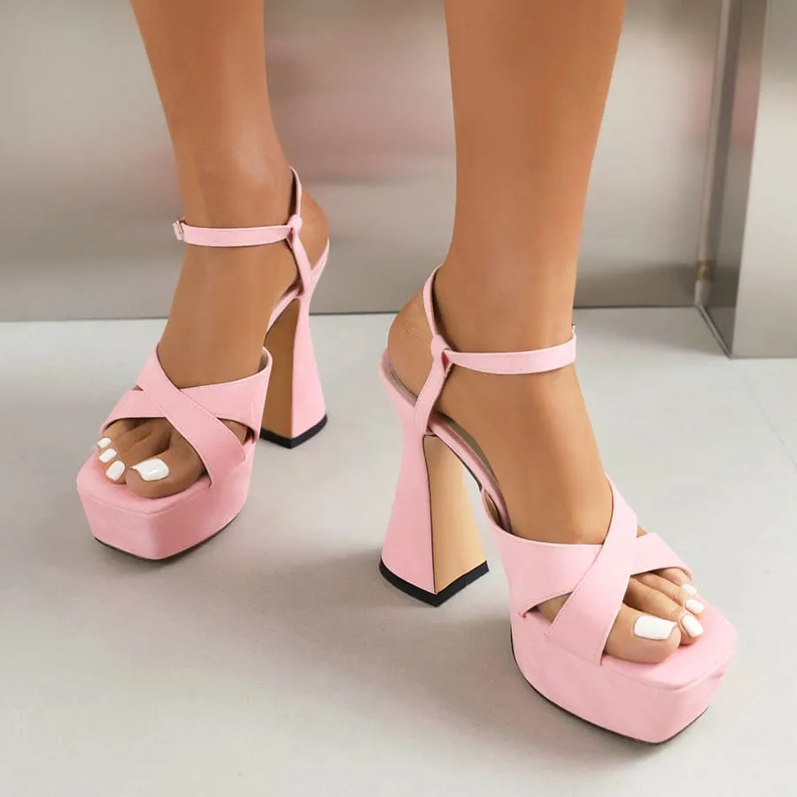 Square Toe Flared Heel Ankle Strap Sandals with Platform