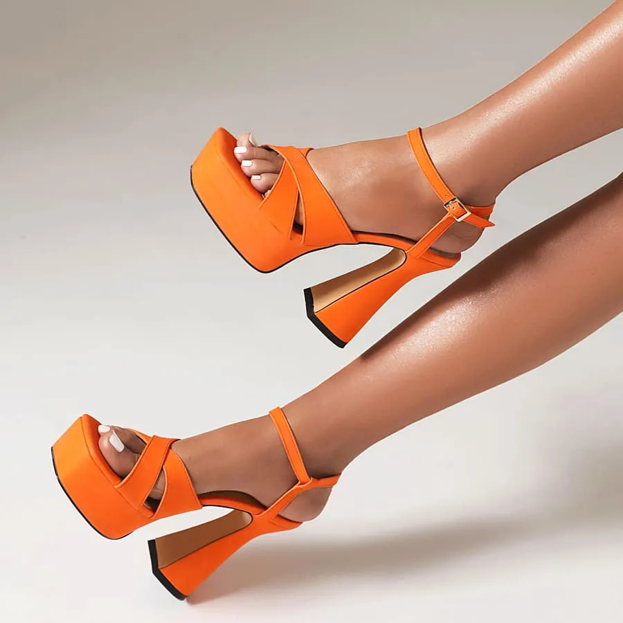 Square Toe Flared Heel Ankle Strap Sandals with Platform