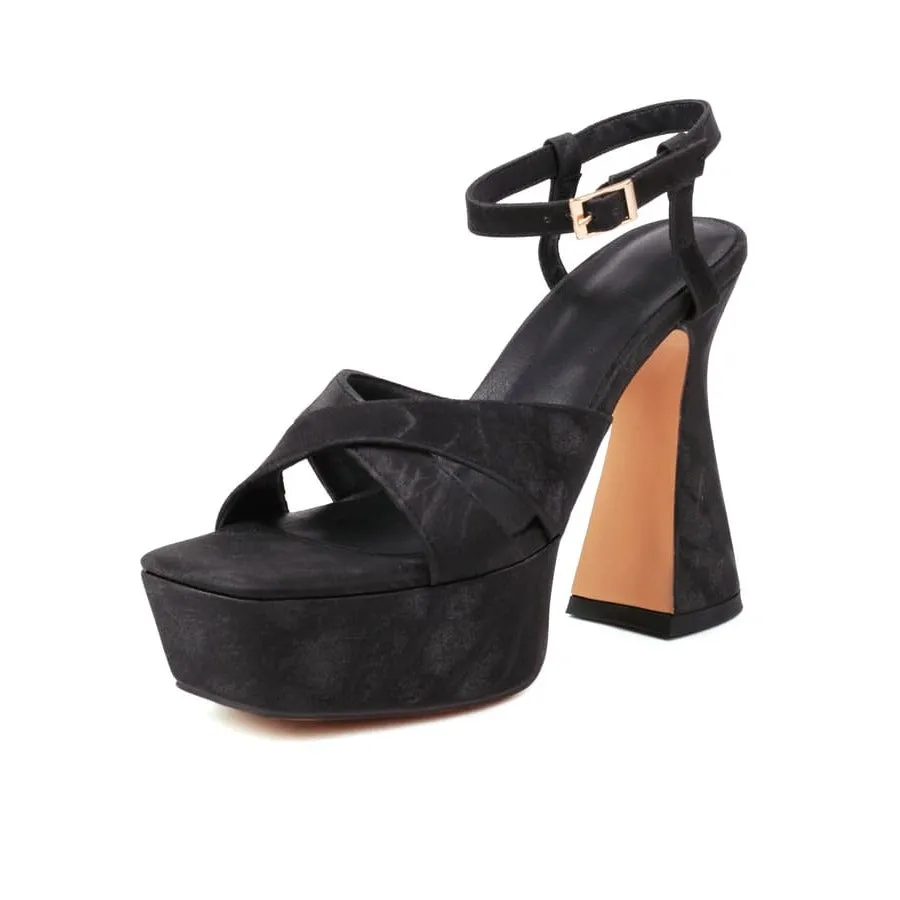 Square Toe Flared Heel Ankle Strap Sandals with Platform
