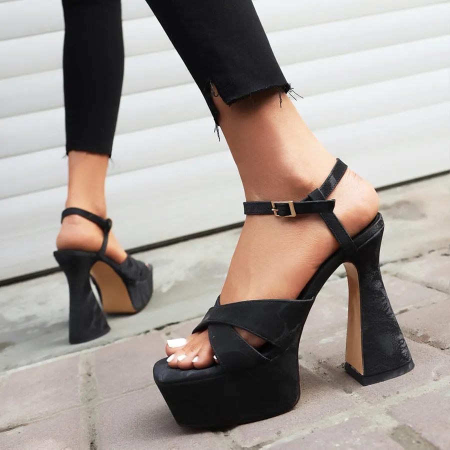 Square Toe Flared Heel Ankle Strap Sandals with Platform