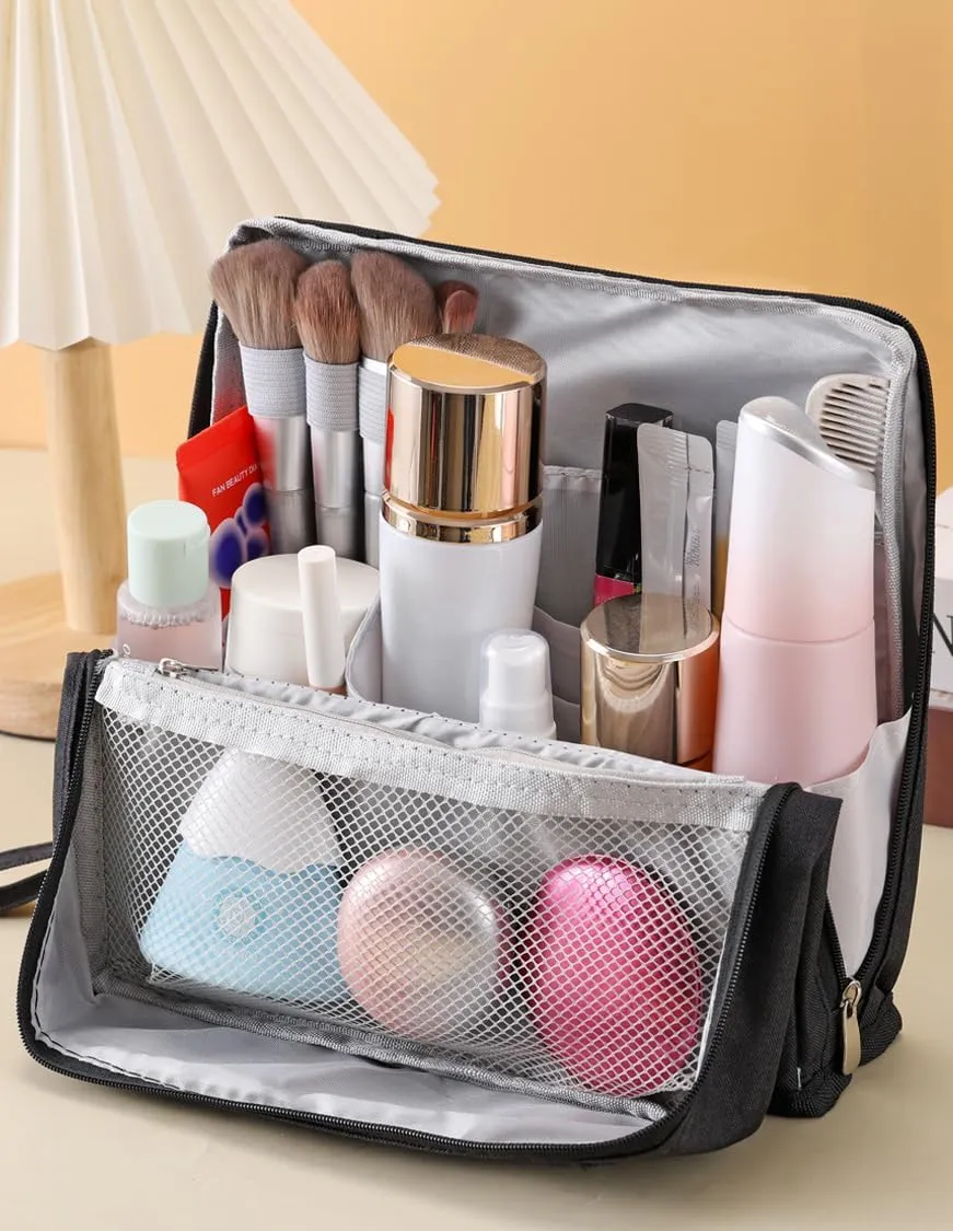 Standing Makeup Bag, Doresty Standing Makeup Bag Portable, Large Capacity, Waterproof with Compartments (Beige)