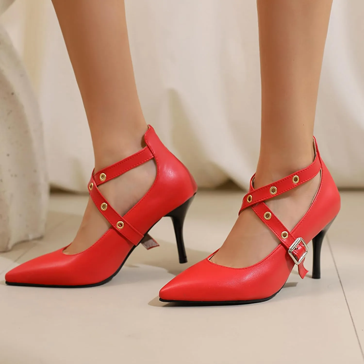 Stiletto Heel Pointed Toe Women Work Shoes Ankle Strap