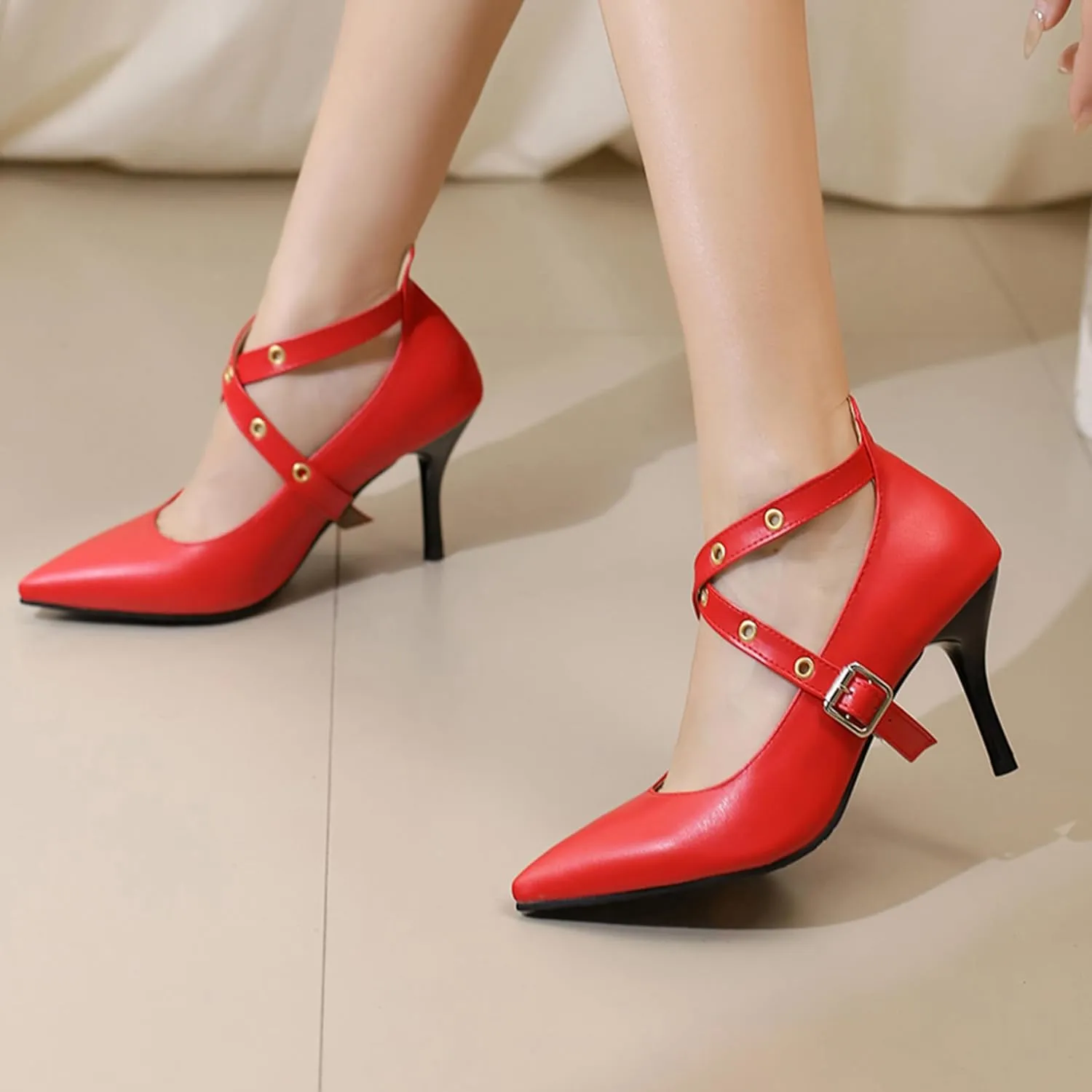 Stiletto Heel Pointed Toe Women Work Shoes Ankle Strap