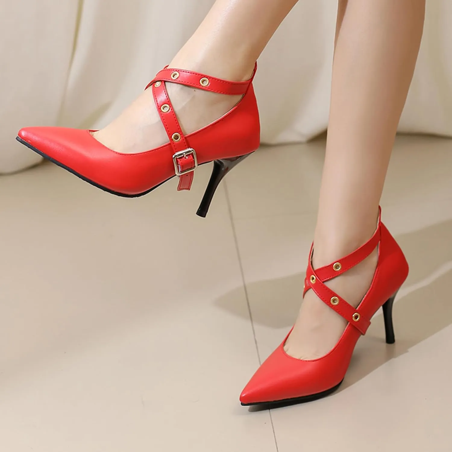 Stiletto Heel Pointed Toe Women Work Shoes Ankle Strap