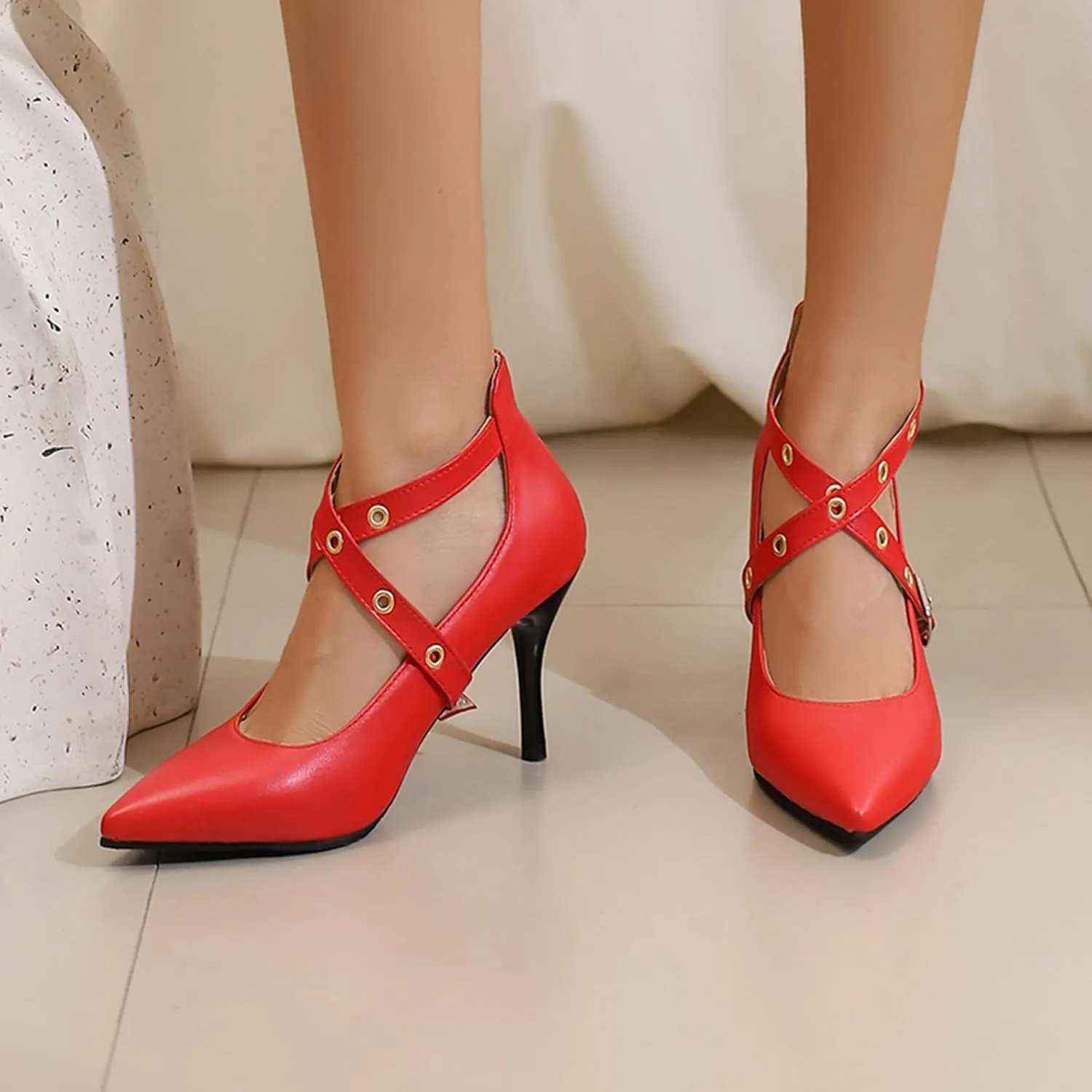 Stiletto Heel Pointed Toe Women Work Shoes Ankle Strap