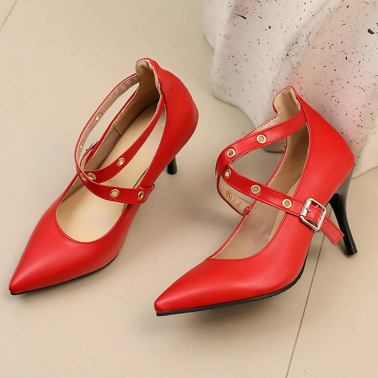 Stiletto Heel Pointed Toe Women Work Shoes Ankle Strap