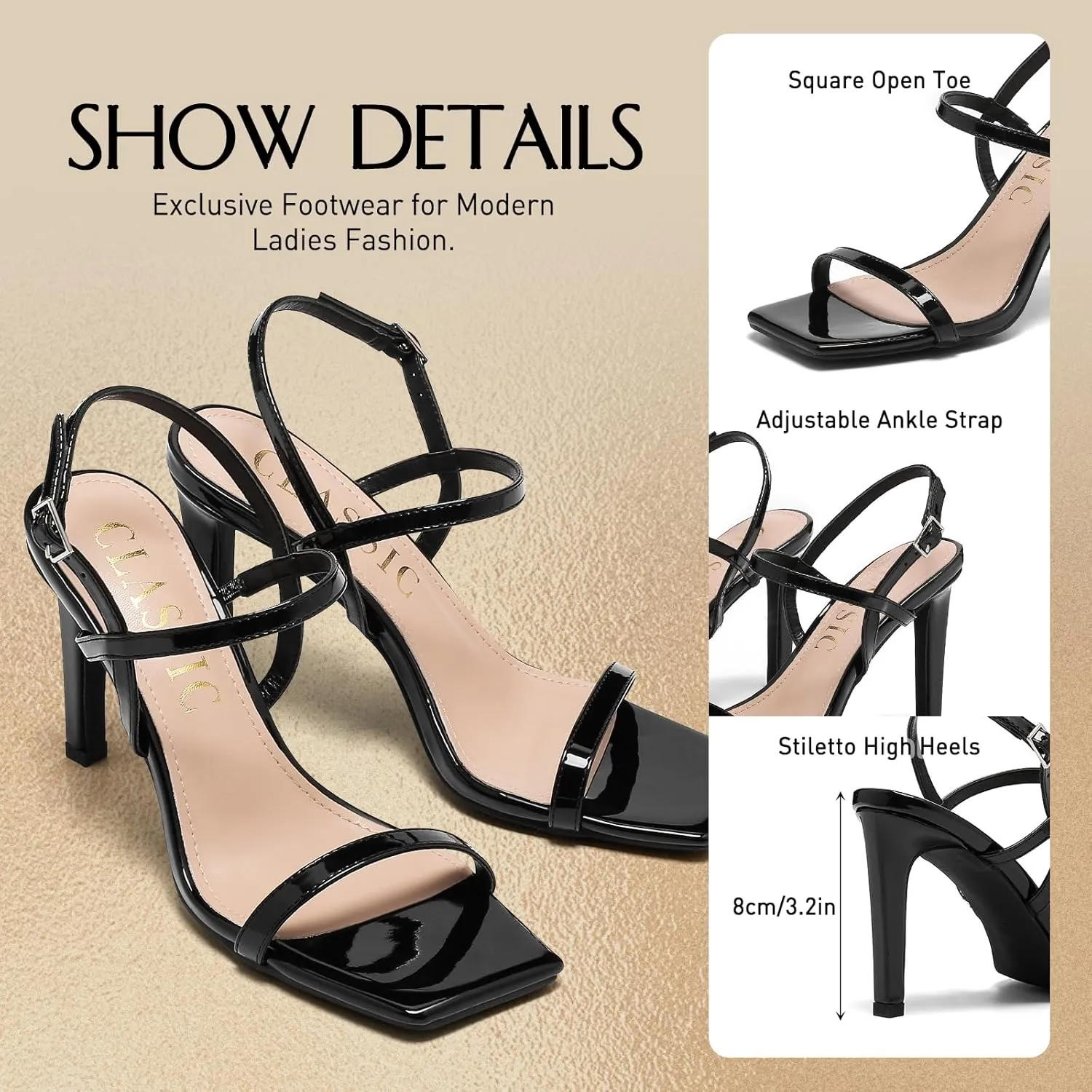 Stilettos High Heel Sandals For Women, Square Open Toe Slingback Pumps, Adjustable Strappy Wedding Dressy Heeled, Ankle Strap Party Sexy Bridal Shoes