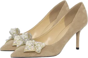 Stunner Women's Closed Pointed Toe Pumps Stiletto High Heels Wedding Party Dress Heeled Shoes with Bowknot