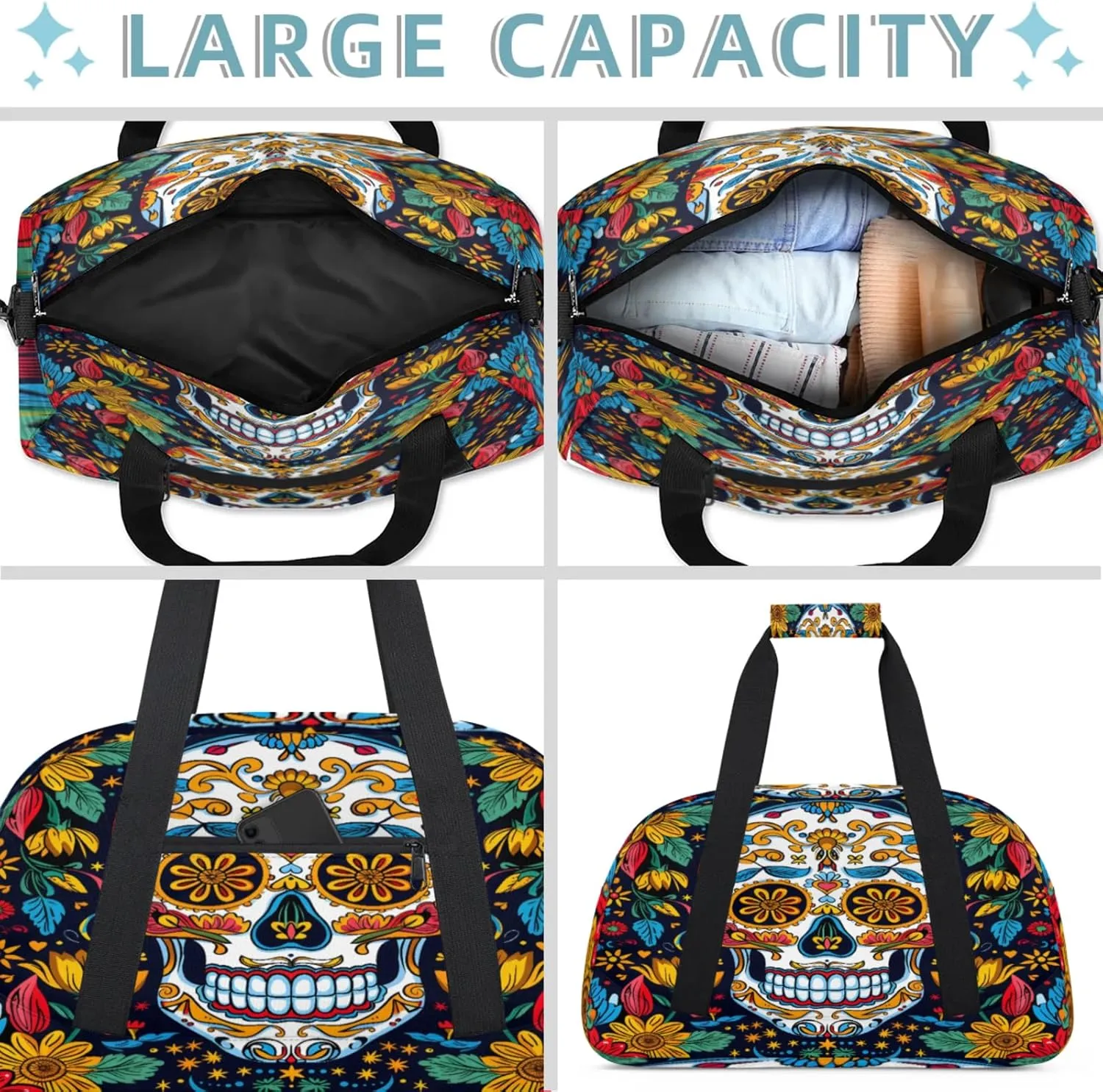 Sugar Skull Gothic Halloween Small Gym Bag 18 inch Carry On Duffel Bag for Weekender Travel Sports Workout Yoga Gymnastics Dance Ballet