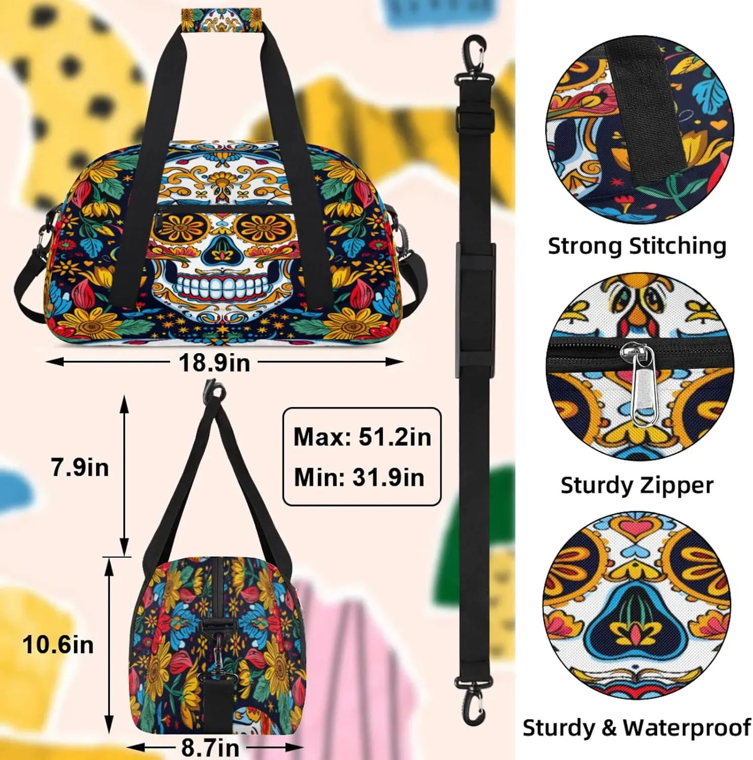 Sugar Skull Gothic Halloween Small Gym Bag 18 inch Carry On Duffel Bag for Weekender Travel Sports Workout Yoga Gymnastics Dance Ballet