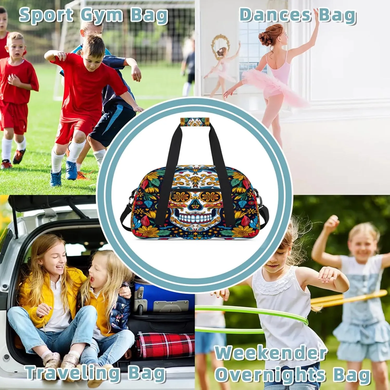 Sugar Skull Gothic Halloween Small Gym Bag 18 inch Carry On Duffel Bag for Weekender Travel Sports Workout Yoga Gymnastics Dance Ballet