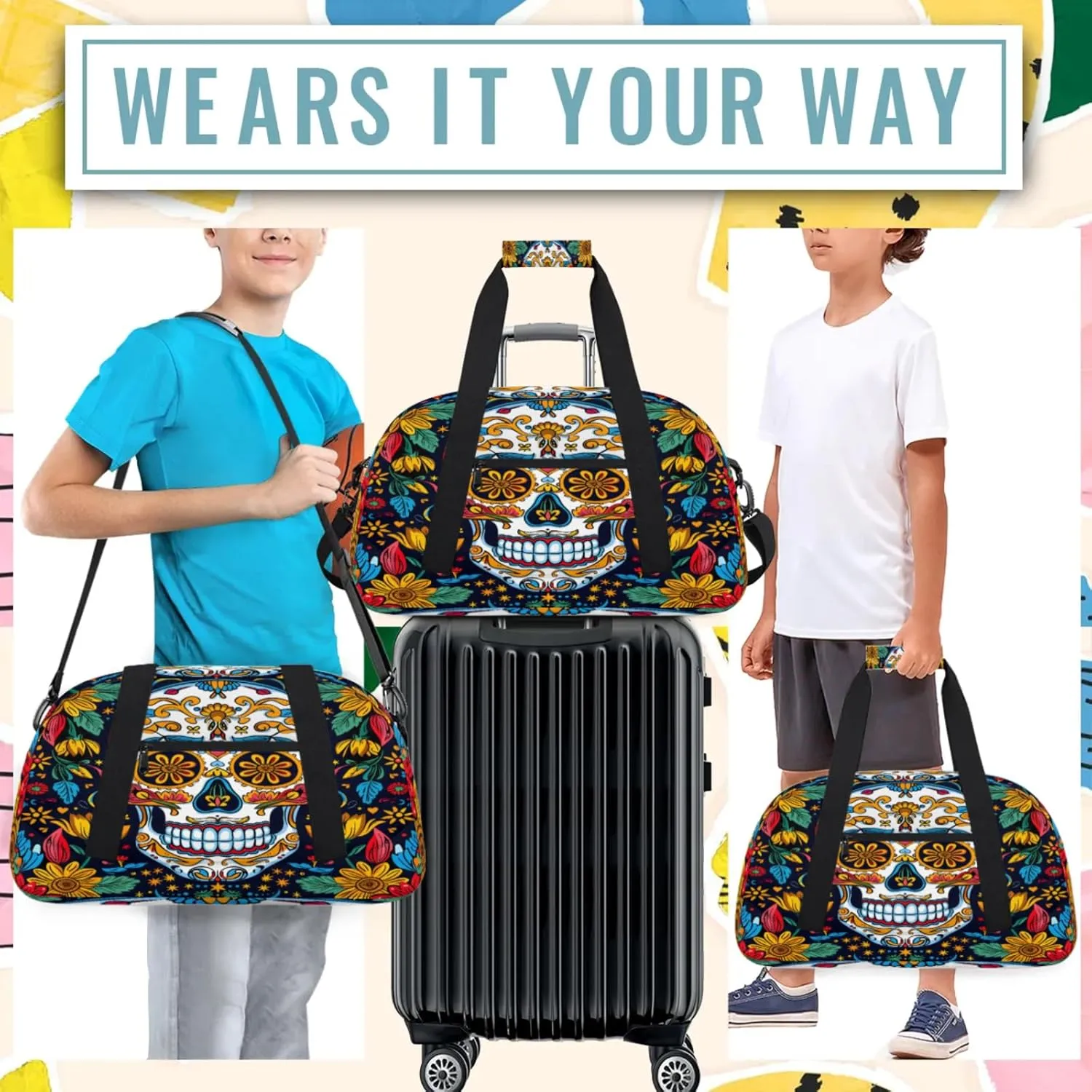 Sugar Skull Gothic Halloween Small Gym Bag 18 inch Carry On Duffel Bag for Weekender Travel Sports Workout Yoga Gymnastics Dance Ballet