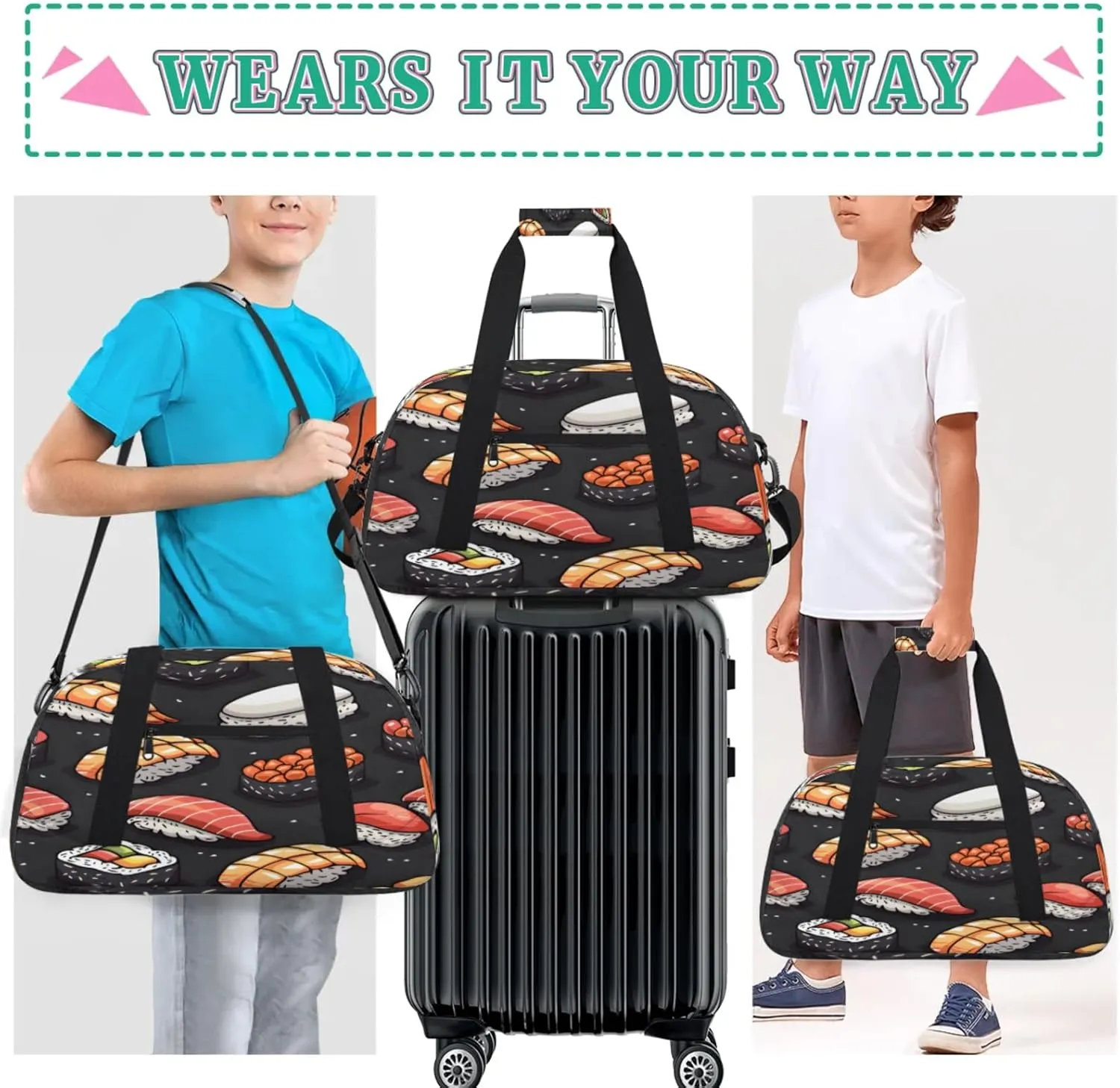 Sushi Small Gym Bag for Women Men, Food Travel Duffle Bag Workout Dance Tote Bag Carry On Overnight Weekender Bag