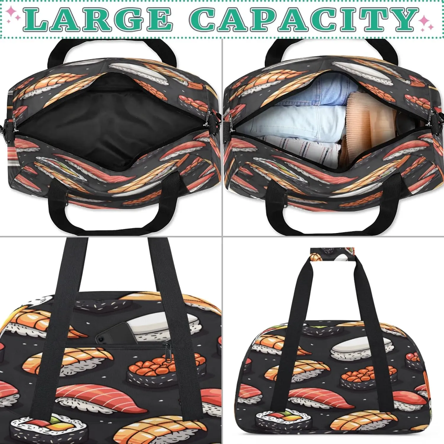 Sushi Small Gym Bag for Women Men, Food Travel Duffle Bag Workout Dance Tote Bag Carry On Overnight Weekender Bag