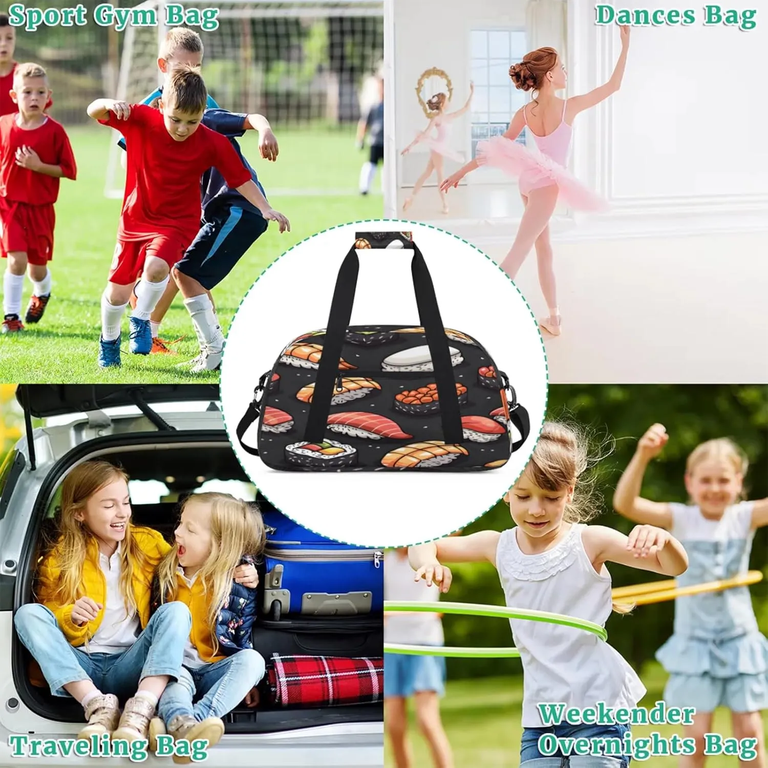 Sushi Small Gym Bag for Women Men, Food Travel Duffle Bag Workout Dance Tote Bag Carry On Overnight Weekender Bag