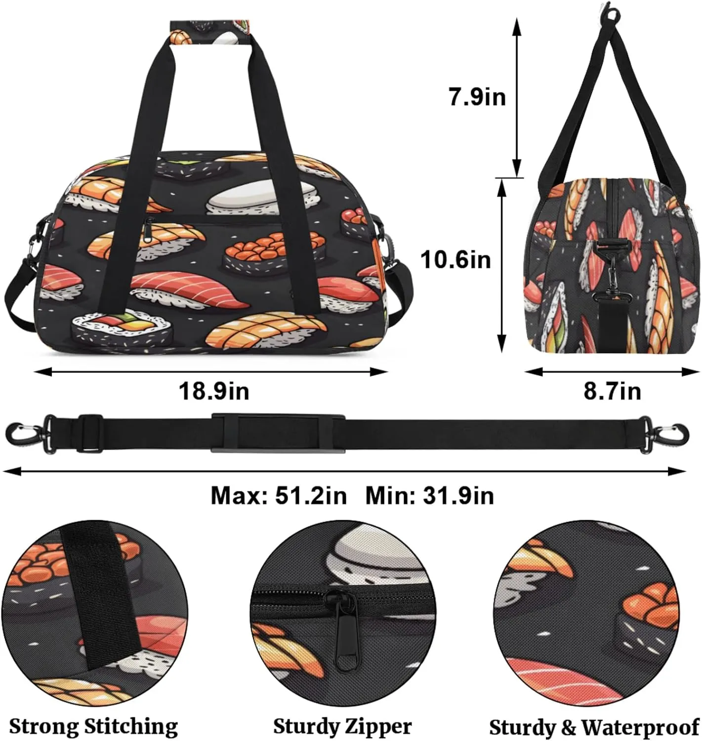 Sushi Small Gym Bag for Women Men, Food Travel Duffle Bag Workout Dance Tote Bag Carry On Overnight Weekender Bag