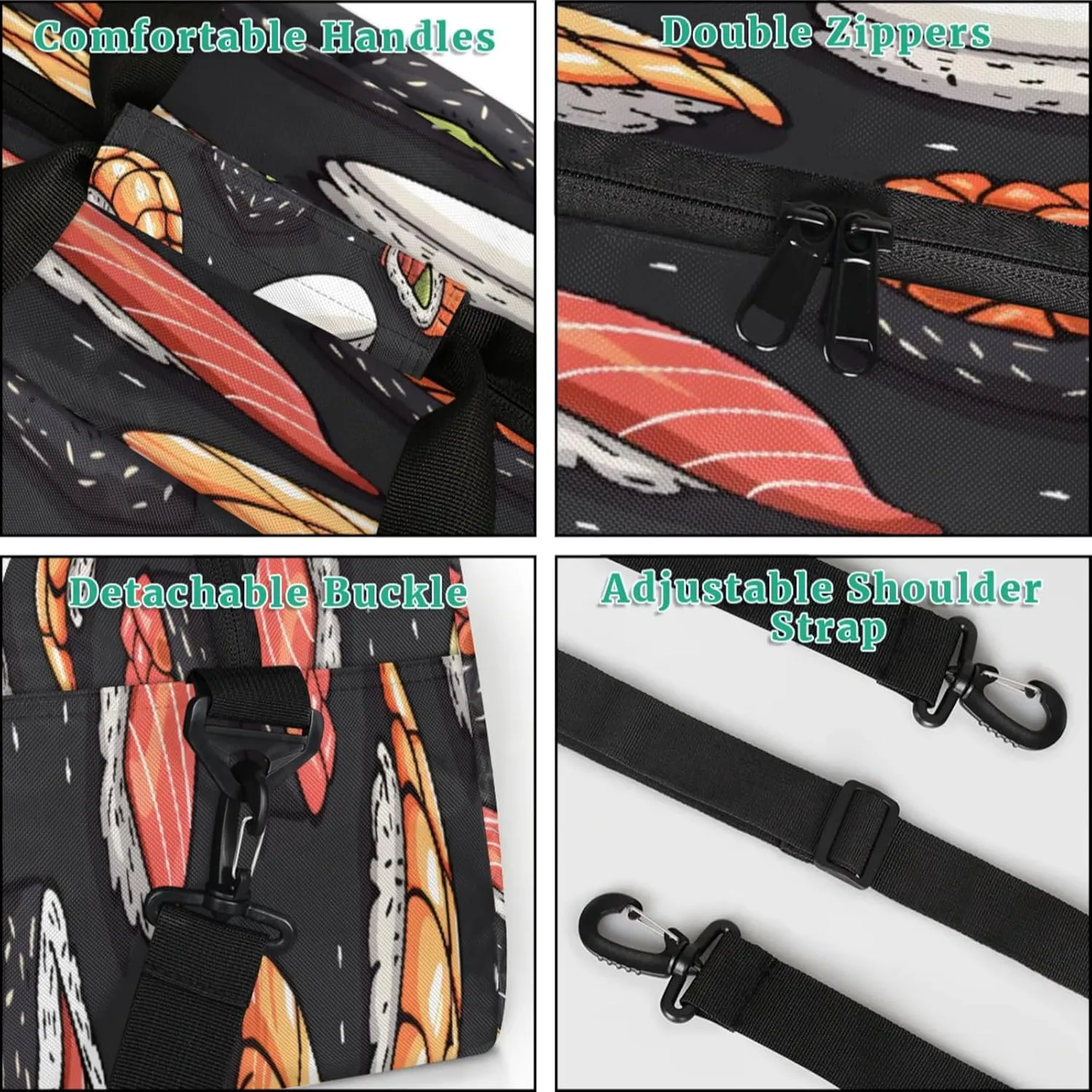 Sushi Small Gym Bag for Women Men, Food Travel Duffle Bag Workout Dance Tote Bag Carry On Overnight Weekender Bag