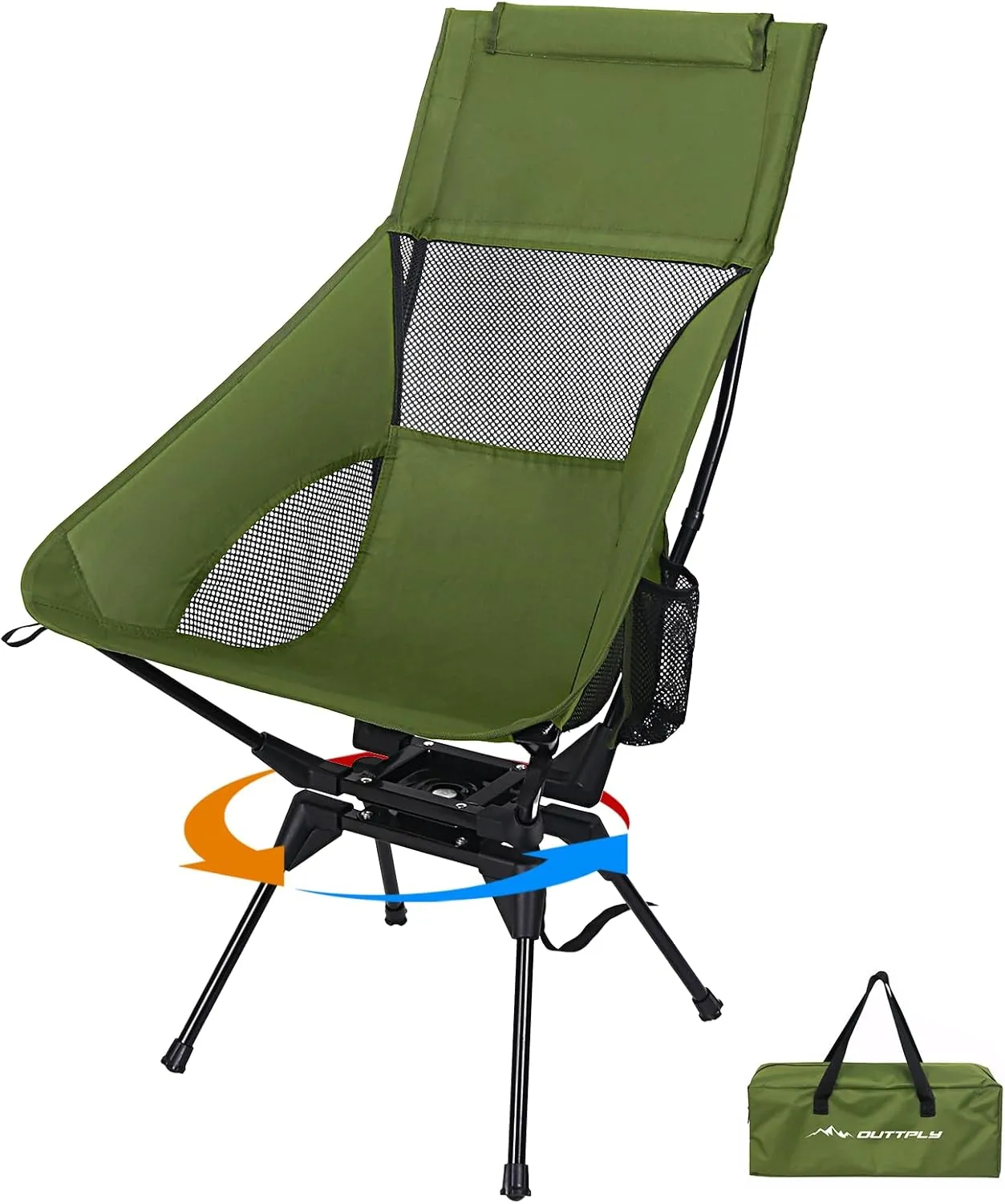 Swivel Camping Chair, High Back Folding Chair with Head Support, Side Cup Pocket, Stable Portable Outdoor Chair for Camp, Travel, Beach, Party, Fishing, Hiking, Backpacking