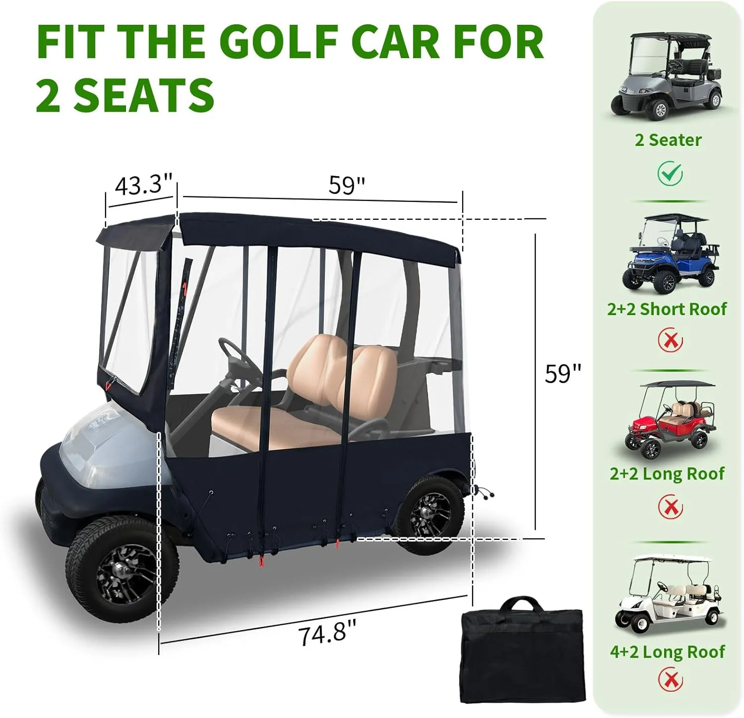 Tecoom Golf Cart Enclosure, 2/4/6 Passenger Rain Cover Outdoor 600D Waterproof, Dustproof, Snowproof, Clear Windows, Door Zippers, Windproof Hooks Universal Fit for EZGO, Yamaha, Club Car Covers