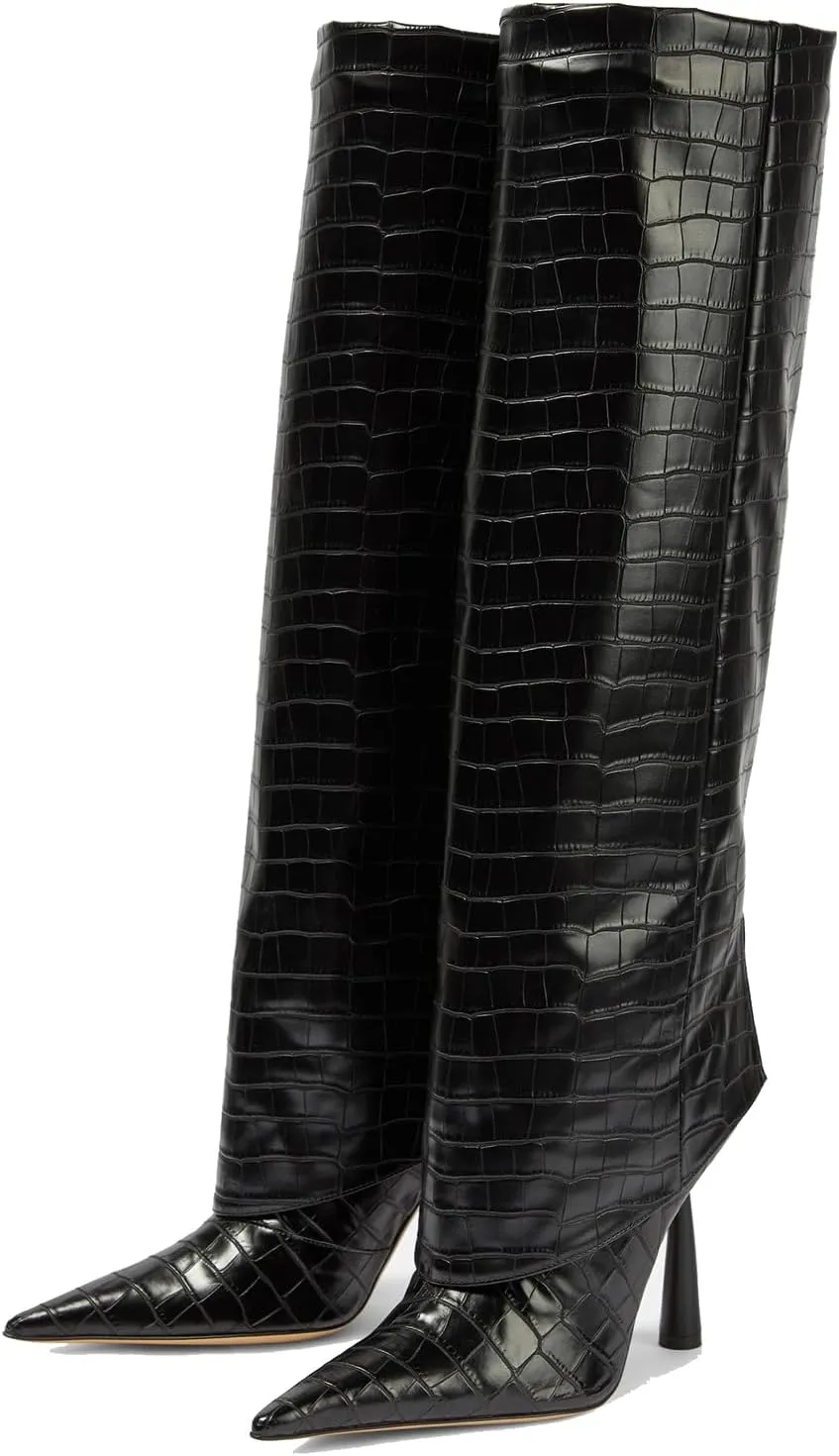 THESHY Women's Pointed Toe Leather Knee High Boots Stiletto High Heel Fold Over Boot Pull-on Shoes
