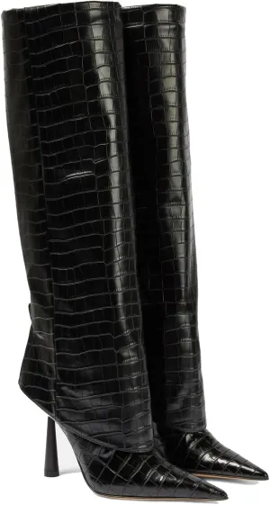 THESHY Women's Pointed Toe Leather Knee High Boots Stiletto High Heel Fold Over Boot Pull-on Shoes