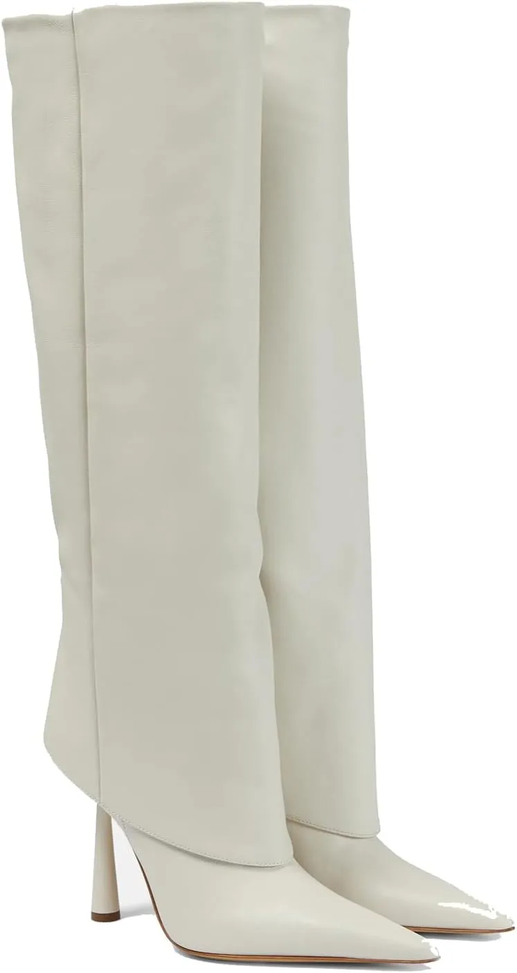 THESHY Women's Pointed Toe Leather Knee High Boots Stiletto High Heel Fold Over Boot Pull-on Shoes