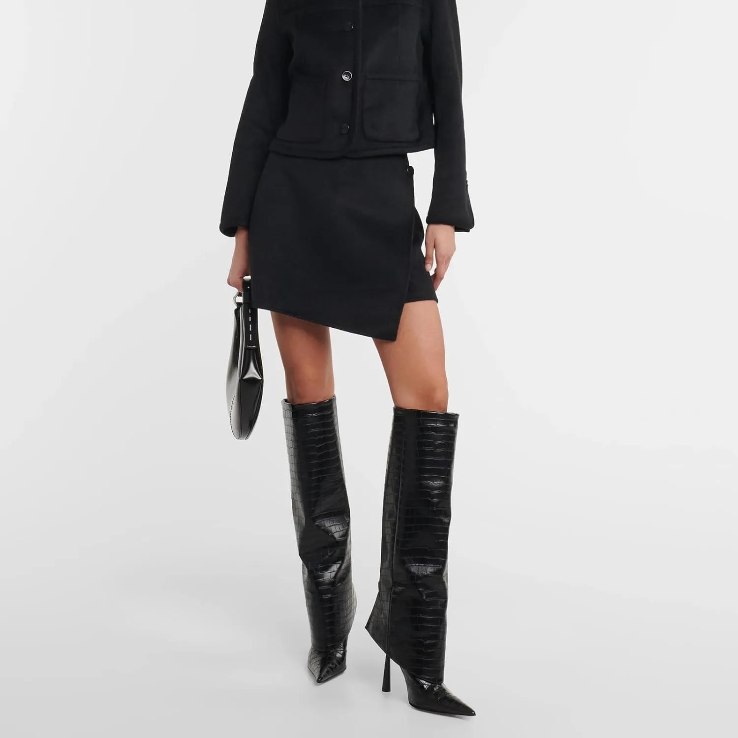 THESHY Women's Pointed Toe Leather Knee High Boots Stiletto High Heel Fold Over Boot Pull-on Shoes