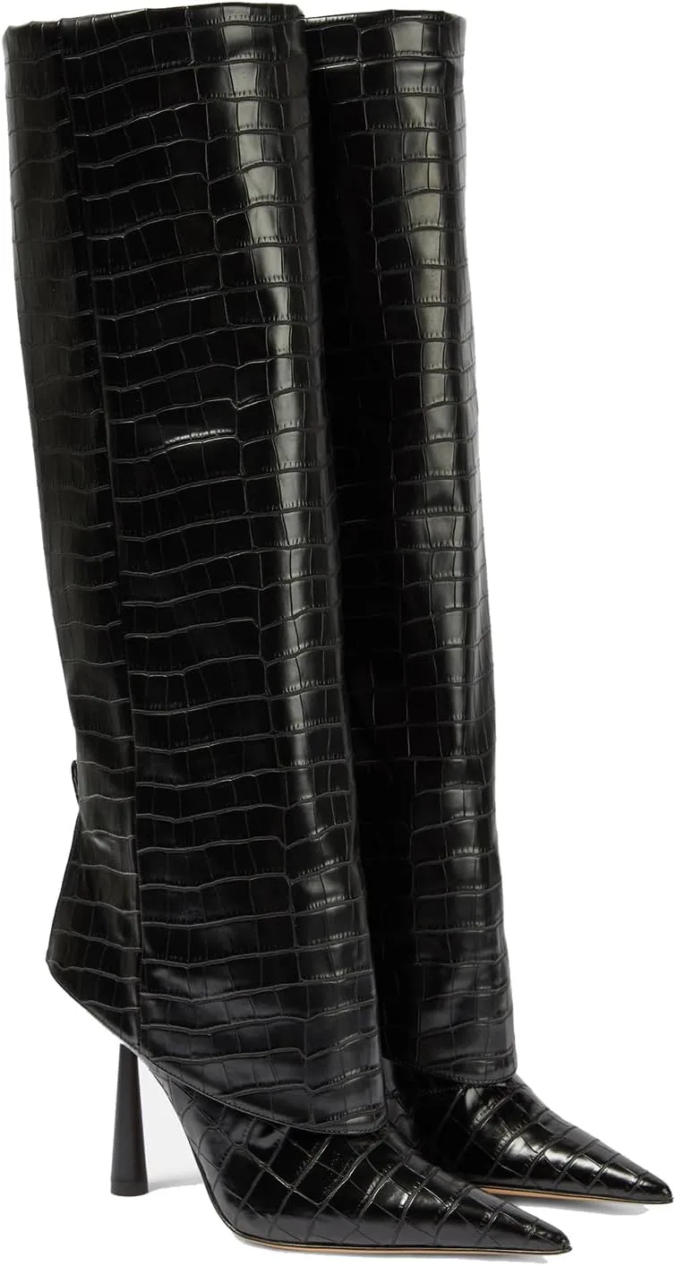 THESHY Women's Pointed Toe Leather Knee High Boots Stiletto High Heel Fold Over Boot Pull-on Shoes