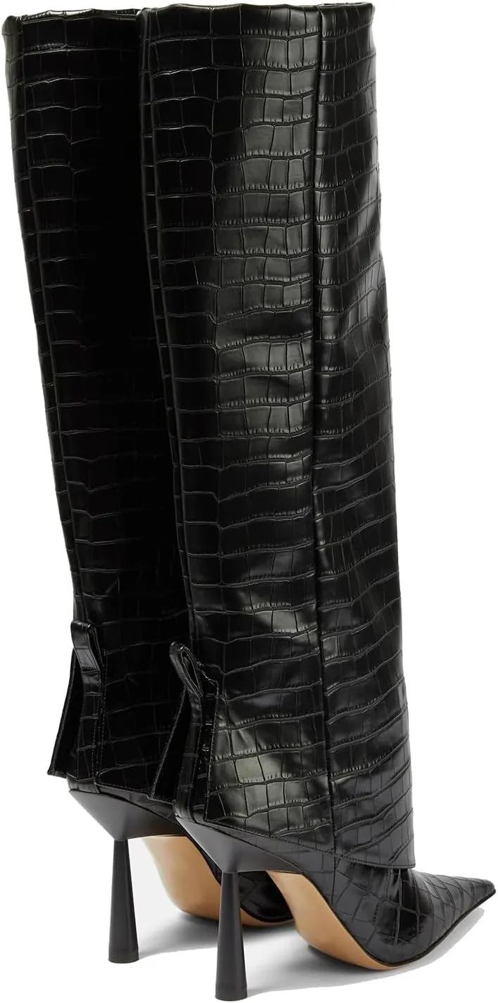 THESHY Women's Pointed Toe Leather Knee High Boots Stiletto High Heel Fold Over Boot Pull-on Shoes