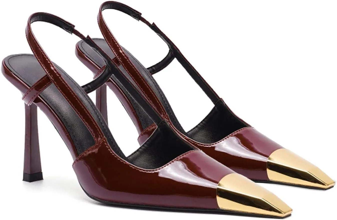 THESHY Womens Slingback High Heels Metal Pointed Toe Leather High Stiletto Heel Pumps Slip on Elastic Strap Fashion Dress Shoes for Women