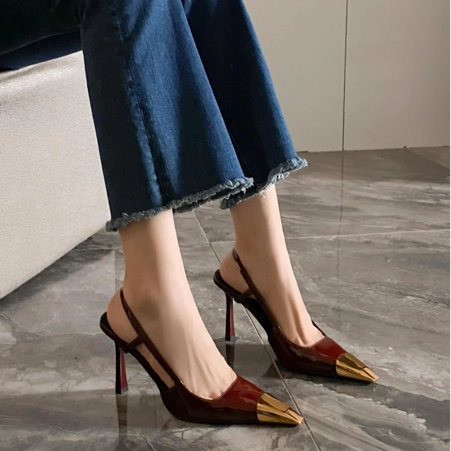THESHY Womens Slingback High Heels Metal Pointed Toe Leather High Stiletto Heel Pumps Slip on Elastic Strap Fashion Dress Shoes for Women