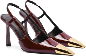 THESHY Womens Slingback High Heels Metal Pointed Toe Leather High Stiletto Heel Pumps Slip on Elastic Strap Fashion Dress Shoes for Women