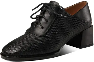 TinaCus Genuine Leather Women's Handmade Round Toe Chunky Heel Lace Up Oxford Pumps