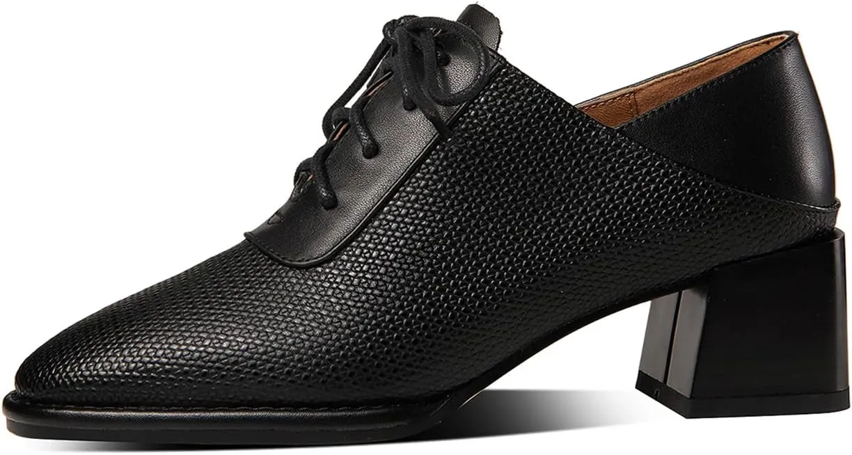 TinaCus Genuine Leather Women's Handmade Round Toe Chunky Heel Lace Up Oxford Pumps